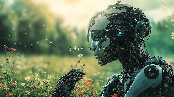 PSD donna robot futuristica in un campo di fiori