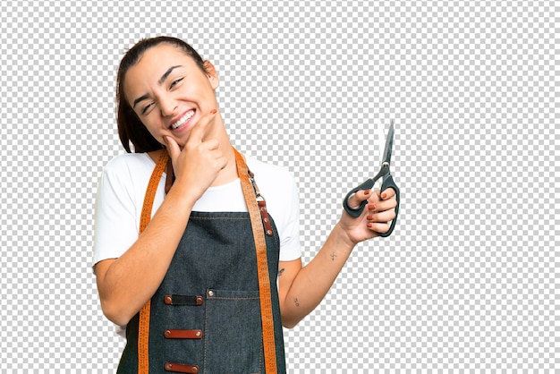 Donna sarta su sfondo isolato chiave croma felice e sorridente