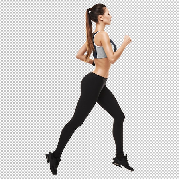 Donna sportiva in abbigliamento sportivo che corre su bianco