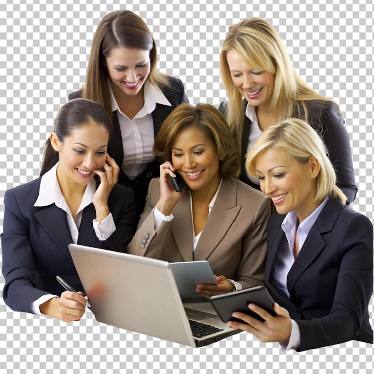 PSD donne d'affari collaborative che lavorano insieme su laptop e cellulare su uno sfondo trasparente
