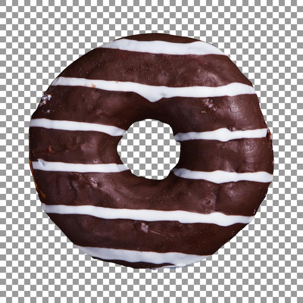 PSD donut de chocolate con rayas blancas sobre fondo transparente