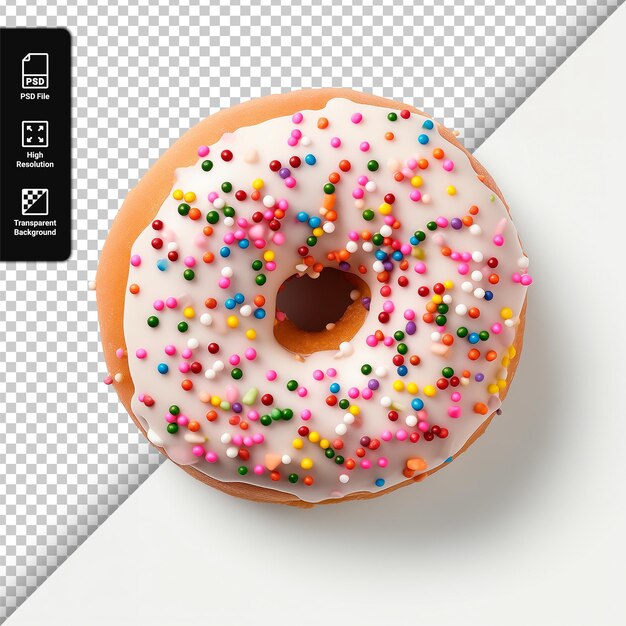 PSD donut com esmalte branco e salpicaduras vista superior isolada em um fundo transparente
