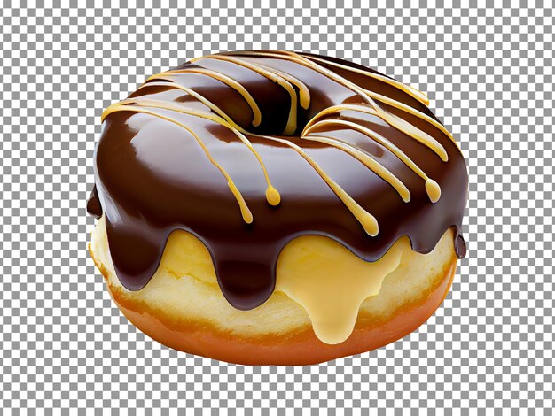 PSD donut de chocolate com cobertura de chocolate e gotas de caramelo em fundo transparente