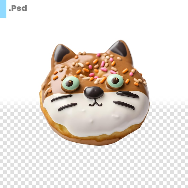 Donut mit katzengesicht auf weißem hintergrund 3d-illustration psd-vorlage