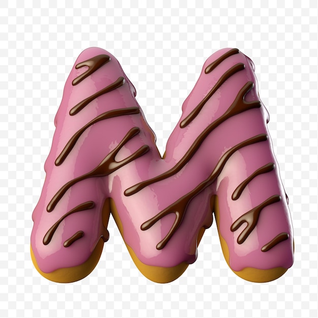 Donut rosa glaseado con chocolate letra m ilustración 3D