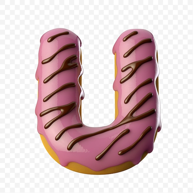 Donut rosa glaseado con chocolate letra u ilustración 3D