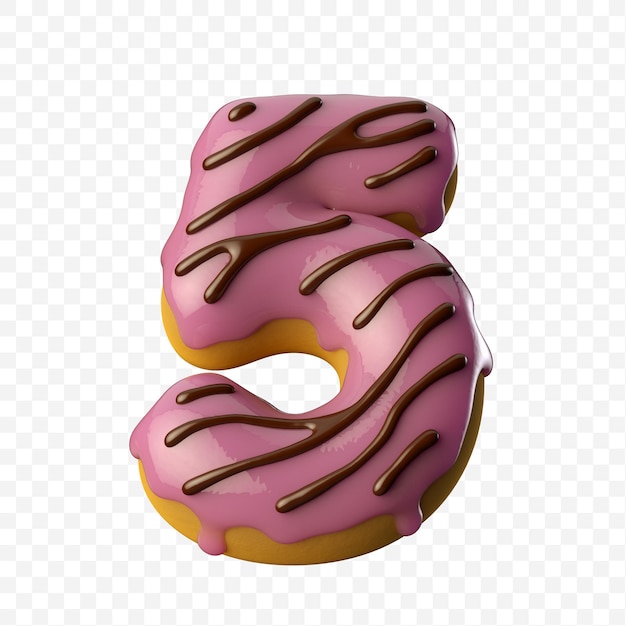 Donut rosa glaseado con chocolate número 5 ilustración 3D