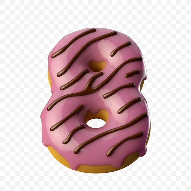 Donut rosa vitrificado com ilustração 3d de chocolate número 8