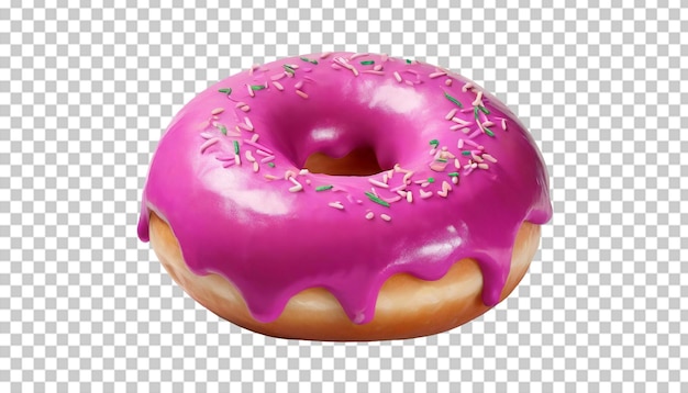 Donut de vidrio rosado con salpicaduras aisladas sobre un fondo transparente.