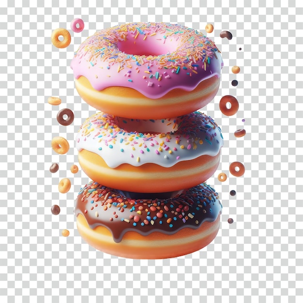 Donuts flotantes con un fondo transparente.