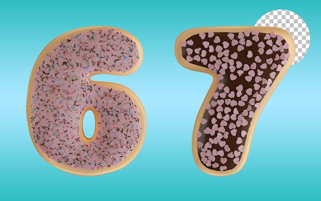 PSD donuts glacés de rendu 3d numéro six et sept alphabet de forme 6 et 7