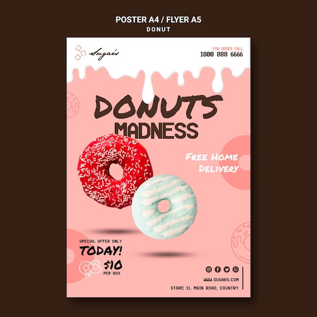 PSD donuts wahnsinn mit verschiedenen geschmacksrichtungen plakat