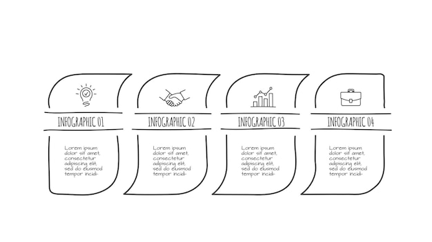 PSD doodle abstrakte infografik mit 4 optionen handgezeichnete symbole dünne linienillustration