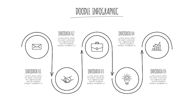 Doodle círculo infográfico con 5 opciones iconos dibujados a mano ilustración de línea delgada