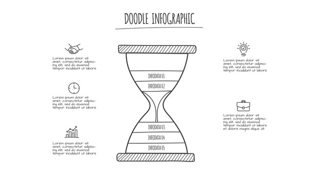 Doodle elementos infográficos de reloj de arena con 5 opciones íconos dibujados a mano ilustración editable