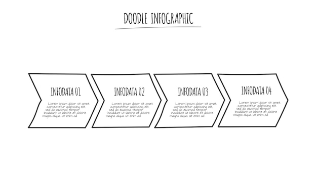 Doodle flechas infográficas con 4 opciones iconos dibujados a mano ilustración de línea delgada