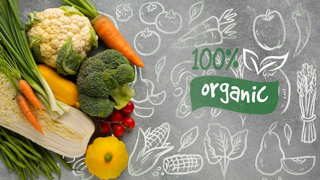PSD doodle de fondo con texto orgánico y verduras
