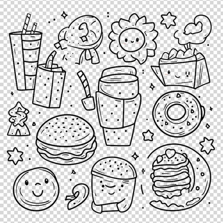 PSD doodle ícones de comida
