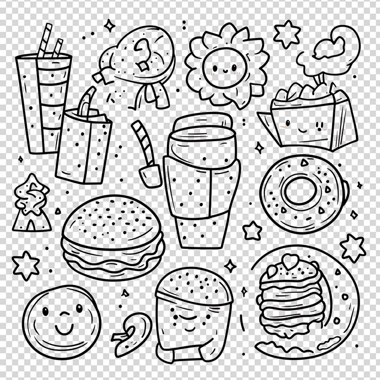 PSD doodle iconos de comida