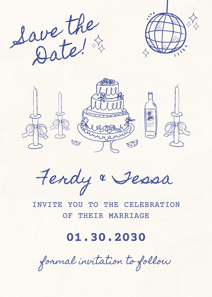 PSD doodle illustré bleu et blanc sauver la date invitation au mariage 1