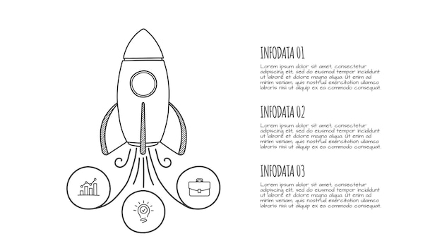 PSD doodle infográfico foguete com 3 opções ícones desenhados à mão ilustração de inicialização de linha fina