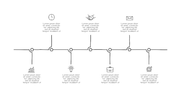 PSD doodle linha do tempo infográfico com 7 opções ícones desenhados à mão ilustração de linha fina
