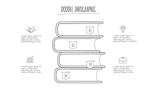 PSD doodle livros infográfico com 4 opções ícones desenhados à mão ilustração educacional editável