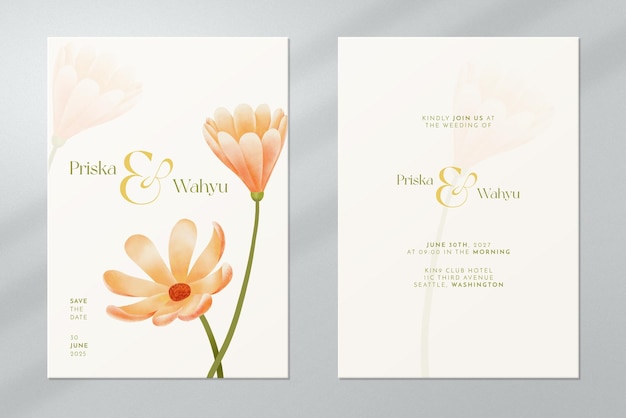 Doppelseitige hochzeitseinladung mit blumenaquarellornamenten