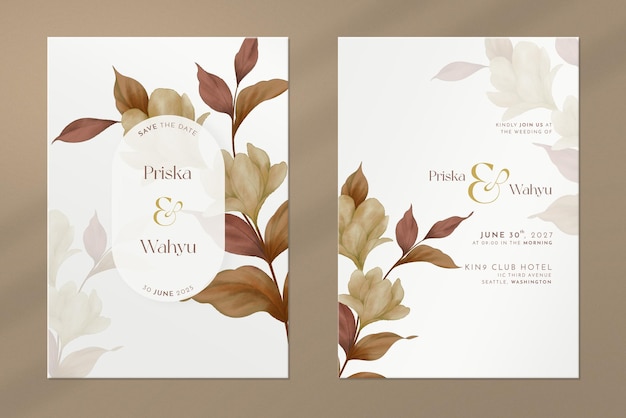 Doppelseitige Hochzeitseinladung mit braunen Blättern Aquarellverzierungen