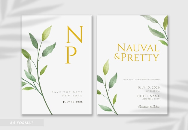 Doppelseitige Hochzeitseinladung mit digitaler Aquarellmalerei von verzweigten Blättern