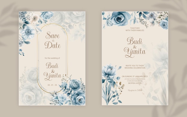 Doppelseitige hochzeitseinladungsvorlage im psd-format mit eleganten, aquarellfarbenen, staubblauen rosen