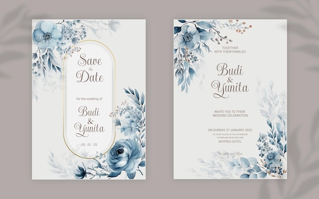 Doppelseitige Hochzeitseinladungsvorlage im PSD-Format mit eleganten, aquarellfarbenen, staubblauen Rosen