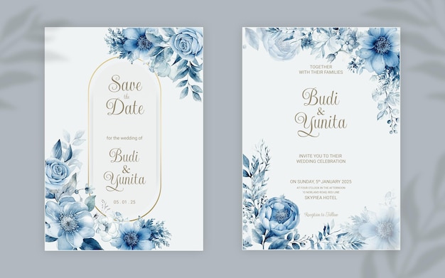 PSD doppelseitige hochzeitseinladungsvorlage im psd-format mit eleganten, aquarellfarbenen, staubblauen rosen