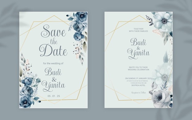 Doppelseitige hochzeitseinladungsvorlage im psd-format mit eleganten, aquarellfarbenen, staubblauen rosen