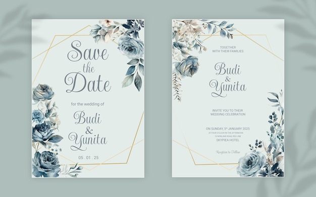 PSD doppelseitige hochzeitseinladungsvorlage im psd-format mit eleganten, aquarellfarbenen, staubblauen rosen