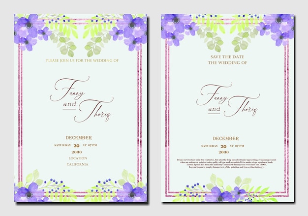 Doppelseitige hochzeitseinladungsvorlage mit blauer grünlila blume premium psd