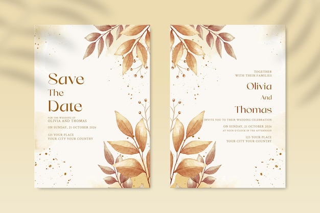 Doppelseitige Hochzeitseinladungsvorlage mit gelber und roter Blume Premium PSD