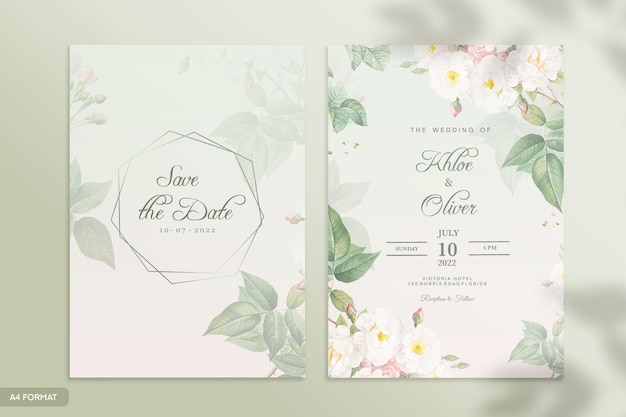 Doppelseitige Hochzeitseinladungsvorlage mit grüner Blume