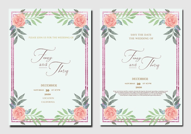 Doppelseitige Hochzeitseinladungsvorlage mit lila roter Blume Premium PSD
