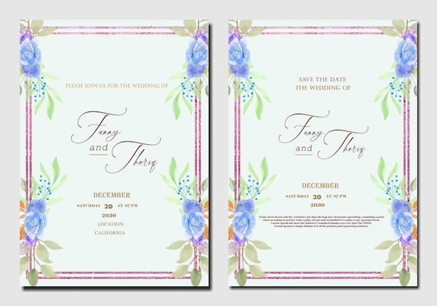 Doppelseitige hochzeitseinladungsvorlage mit lila roter blume premium psd