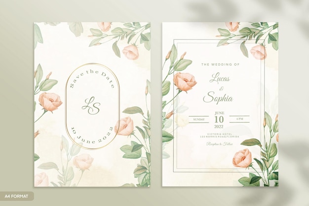 Doppelseitige Hochzeitseinladungsvorlage mit orangefarbener Rosenblüte