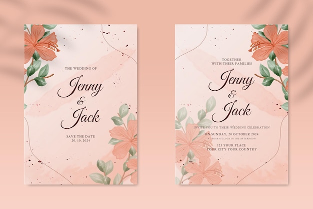 Doppelseitige Hochzeitseinladungsvorlage mit roter Blume Premium Psd