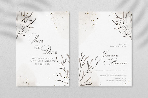 Doppelseitige Hochzeitseinladungsvorlage mit schwarzer Blume Premium Psd