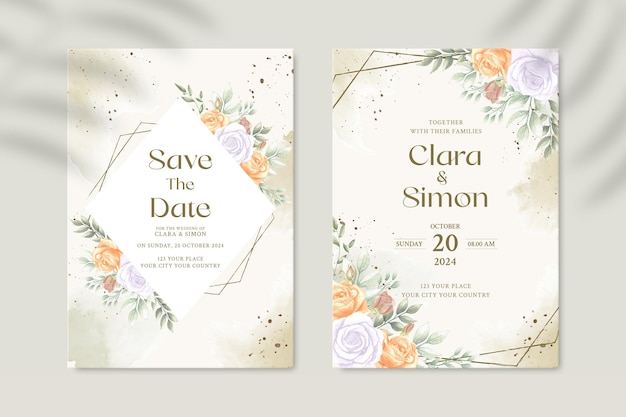Doppelseitige Hochzeitseinladungsvorlage mit weißer und gelber Blume Premium PSD