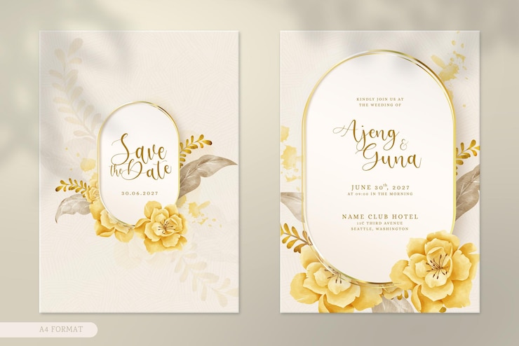 PSD doppelseitige moderne und luxuriöse hochzeitseinladung mit braunem vintage-blumenstrauß-aquarell