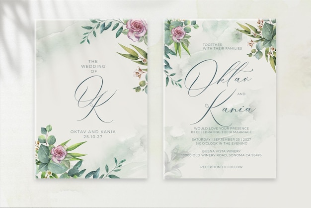 Doppelseitige vintage-hochzeitseinladungsvorlage mit modernem vintage-aquarell flower02