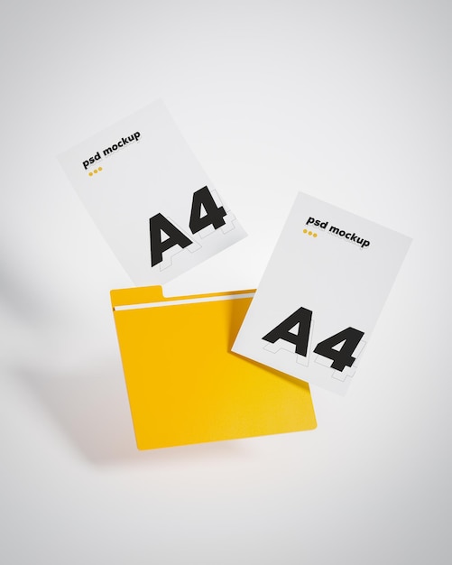 Doppeltes A4-Weißbuch, gelber Ordner, Dateimodell zur Visualisierung auf weißem Hintergrund