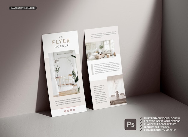 Doppeltes Flyer-Mockup, das an einer Wand mit Schatten im Hintergrund für Branding-Präsentation und Briefpapierdesign in 3D-Illustration lehnt