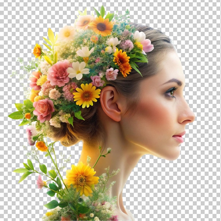 PSD doppia esposizione profilo di donna e fiori salute mentale su sfondo trasparente