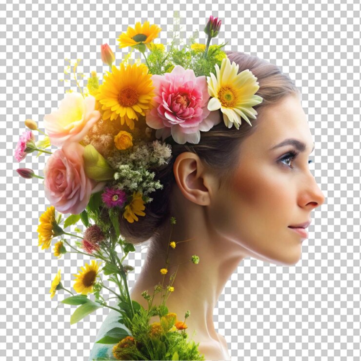 PSD doppia esposizione profilo di donna e fiori salute mentale su sfondo trasparente